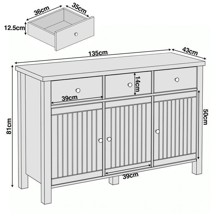 [Black] Linra sideboard dimensions diagram showing W135 x D43 x H81cm with drawer 39 x 14cm and door 39 x 50cm