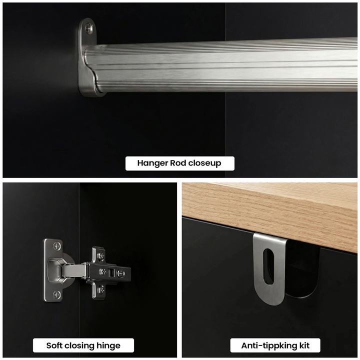 [Black] Linra wardrobe detail composite showing metal hanging rail close-up, soft-close hinge, and 3.2cm oak top edge
