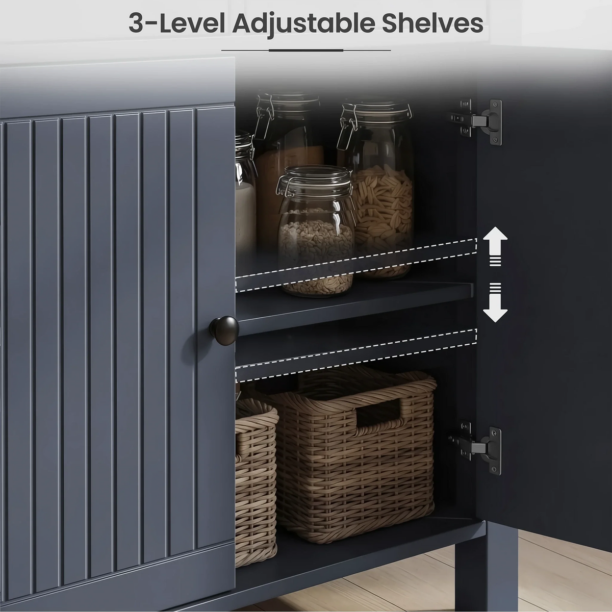 [Blue] Removable shelf, and soft-close hinges on a blue 2 door sideboard cabinet