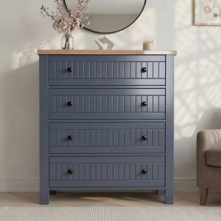 [Blue] Blue Linra bedroom furniture set chest of drawers styled with frame, vase and tray on top