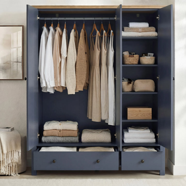 [Blue] Open Linra bedroom furniture set wardrobe revealing oak shelf, folded items, hanging clothes and base