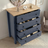 [Blue] Linra bedroom furniture set chest of drawers showing drawer depth, oak top styled with frames