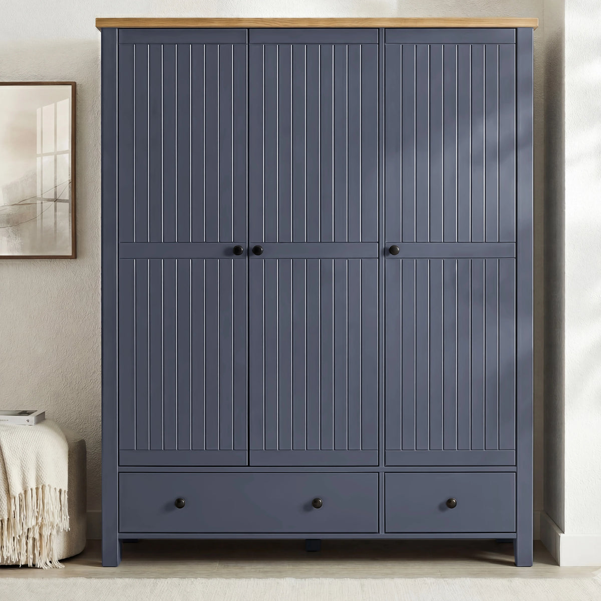 [Blue] Linra bedroom furniture set 3 door wardrobe in blue with panelled doors and oak top
