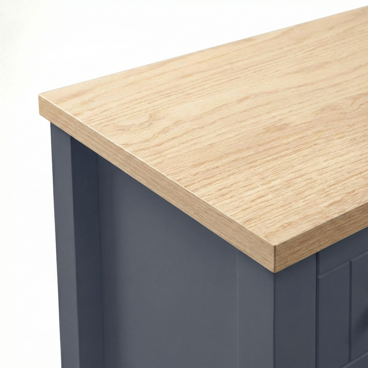 [Blue] Linra 2-drawer bedside table close-up showing oak wood veneer top and corner bedside frame design
