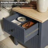 [Blue] Linra bedroom furniture set 2 drawer bedside with both drawers open beside an upholstered bed