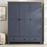 [Blue] Open Linra wardrobe revealing rail of jackets, folded jumpers on shelves, two base drawers