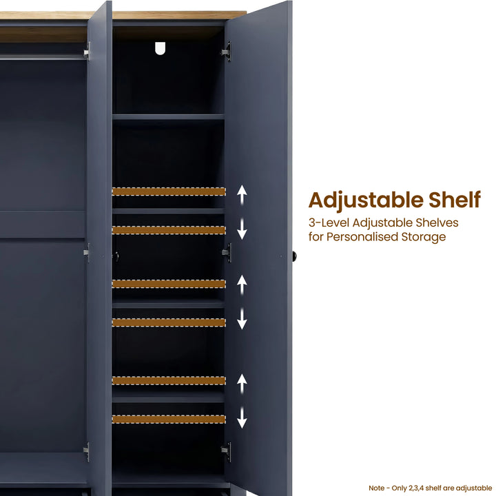 [Blue] Linra wardrobe partial open view, single door swung and base drawer extended on rails