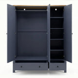 [Blue] Linra wardrobe wider bedroom shot with framed art on wall and rug at the base