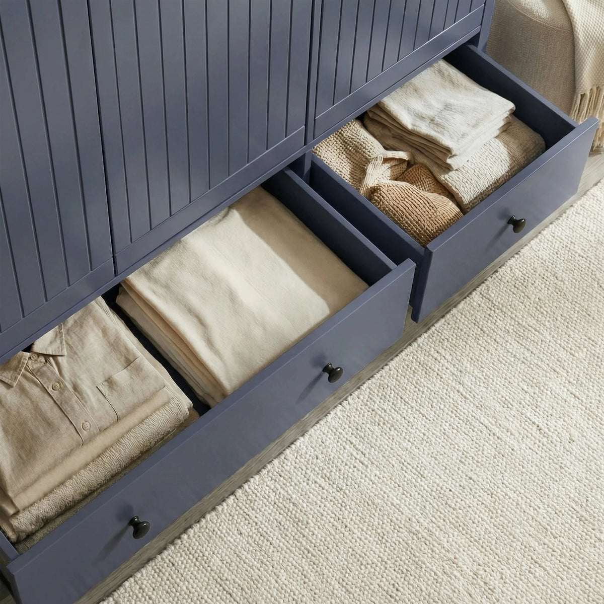 [Blue] Open Linra wardrobe showing right column adjustable shelves at three numbered heights