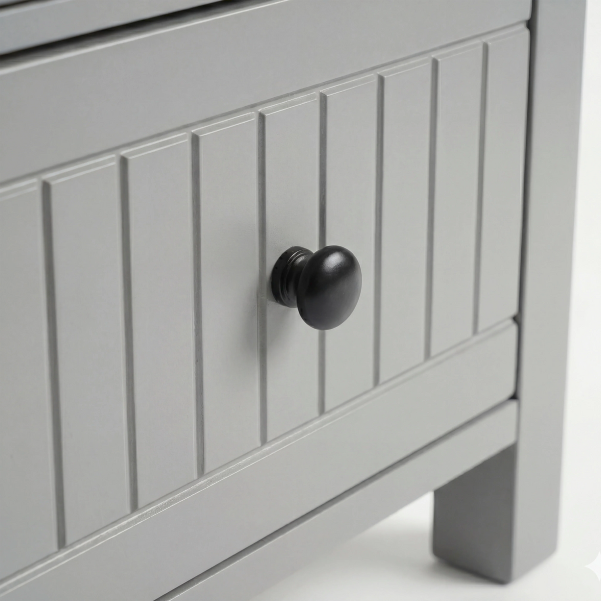 [Grey] Linra 2-drawer bedside table close-up detail showing painted frame finish and oak veneer top edge