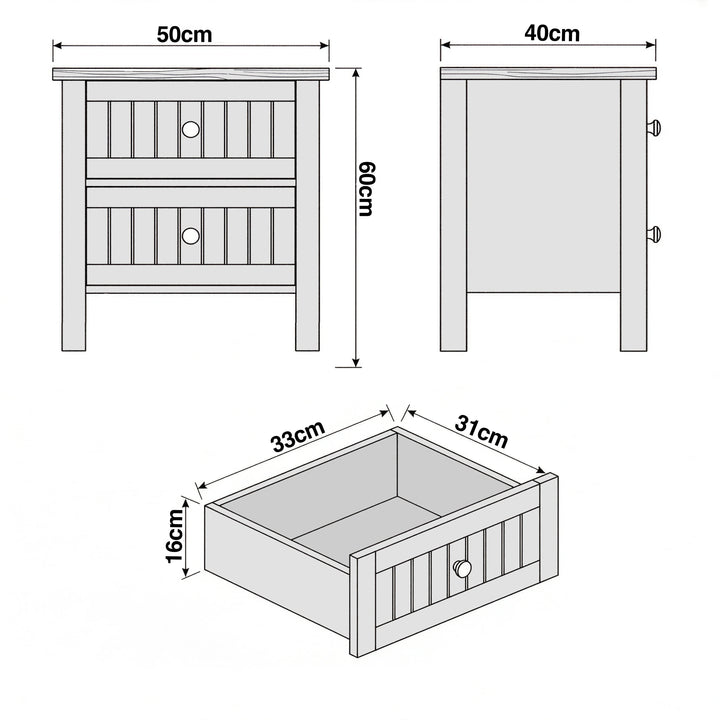 [Grey] Linra 2-drawer bedside table detail close-up showing drawer handle and painted frame surface texture