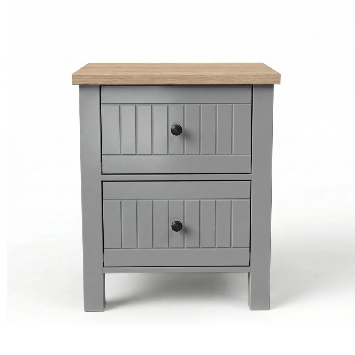 [Grey] Linra 2-drawer bedside table side profile view on white background showing frame depth and leg detail