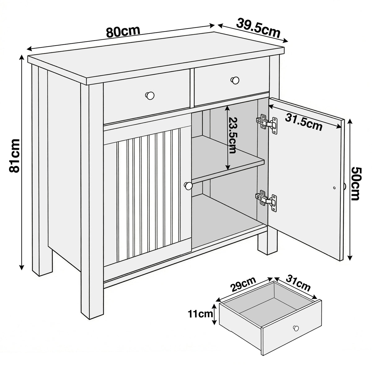 [Grey] Linra grey sideboard dimensions diagram, overall 80cm wide x 39.5cm deep x 81cm high with door open
