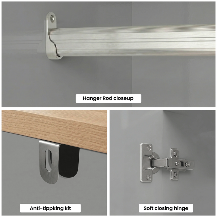 [Grey] Open base drawers on Linra wardrobe revealing depth and grooved drawer construction