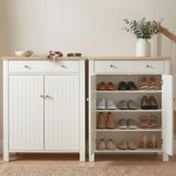 [White] Linra White 4 Tier Painted Shoe Storage Cabinet shown side-by-side with one unit closed and one unit open displaying multiple pairs of shoes neatly arranged on the interior shelves.