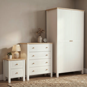 [White] Linra White Painted 3 Piece Bedroom Set - Oak Top showing the wardrobe, chest, and bedside.