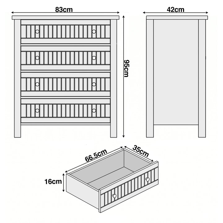 [White] Linra chest of drawers dimensions diagram showing 83 x 42 x 95 cm overall and drawer 66.5 x 35 x 16 cm