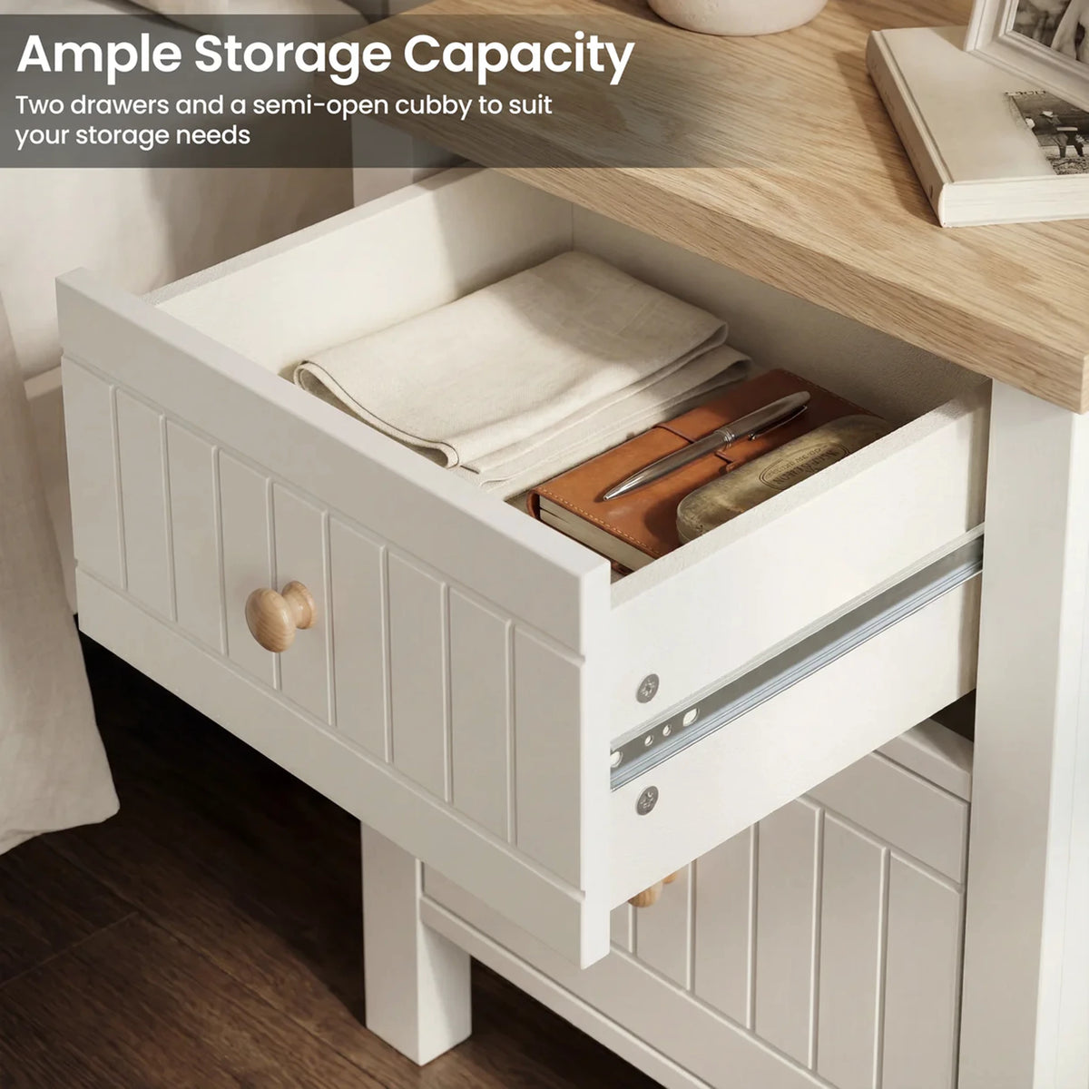 [White] Linra White Painted 3 Piece Bedroom Set - Oak Top highlighting an open bedside drawer with its storage capacity text.