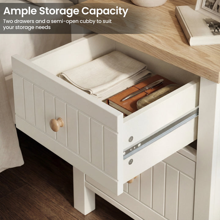 [White] Linra 2-drawer bedside table front view on white background showing painted frame and oak veneer top