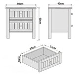 [White] Linra 2-drawer bedside table detail close-up showing drawer handle and painted frame surface texture