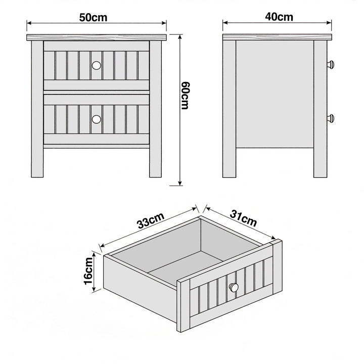 [White] Linra 2-drawer bedside table detail close-up showing drawer handle and painted frame surface texture