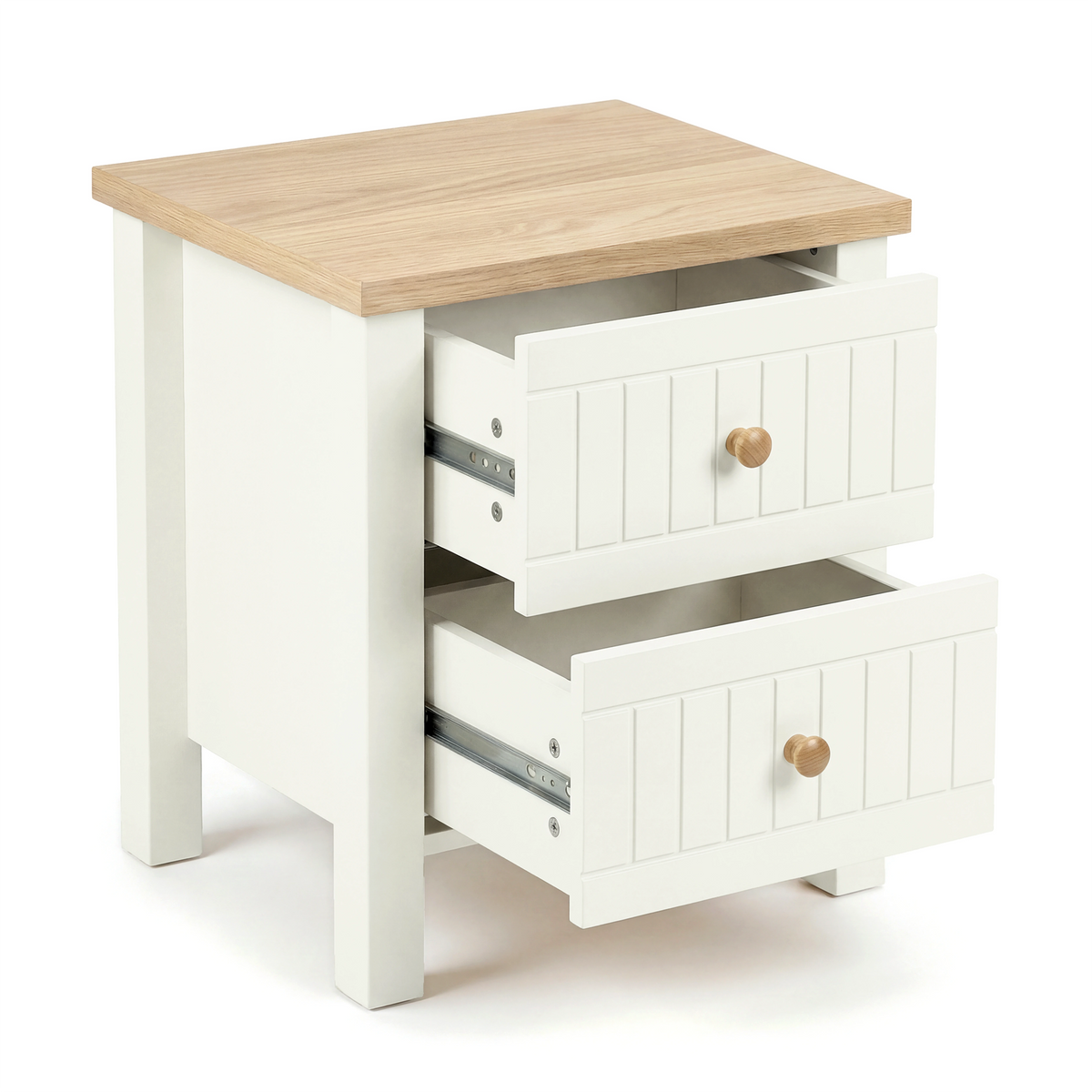 [White] Linra 2-drawer bedside table with both drawers pulled open on white background showing metal runners