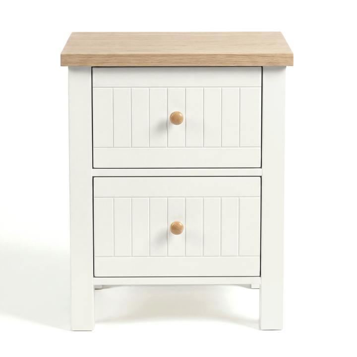 [White] Linra 2-drawer bedside table front view on white background showing both grooved drawer fronts and oak top