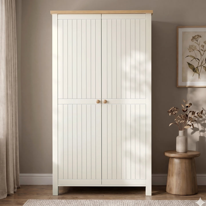 [White] Linra White Painted 3 Piece Bedroom Furniture Set - Oak Top closed wardrobe with a natural light wood top.