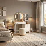 [White] Linra White Painted Dressing Table with LED Mirror and Storage with a round matching stool in a cozy bedroom.