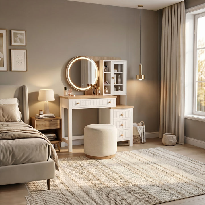 [White] Linra White Painted Dressing Table with LED Mirror and Storage with a round matching stool in a cozy bedroom.