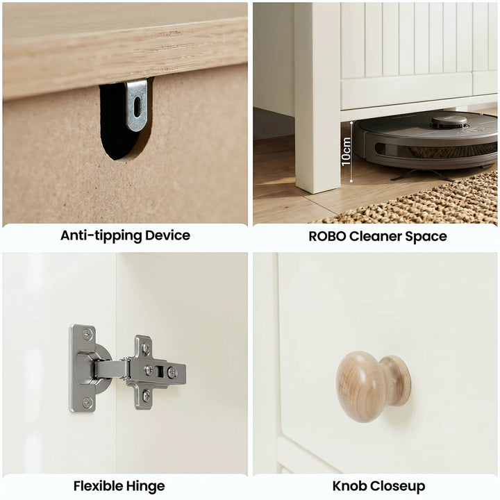 [White] Linra White 4 Tier Painted Shoe Storage Cabinet multi-panel detail image showing the anti-tipping device, a 10cm robot vacuum clearance, a flexible metal hinge, and a wooden knob close-up