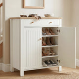 [White] Linra White 4 Tier Painted Shoe Storage Cabinet with one slatted door opened to reveal women's high heels, ankle boots, and casual sneakers organized cleanly on its shelves.