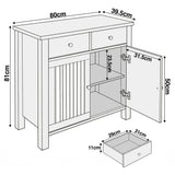 [White] Linra 80cm sideboard dimensions diagram showing width, depth and height measurements with door detail