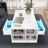 [White Marble] Overhead shot of white marble coffee table showing two open drawers and centre top with cup