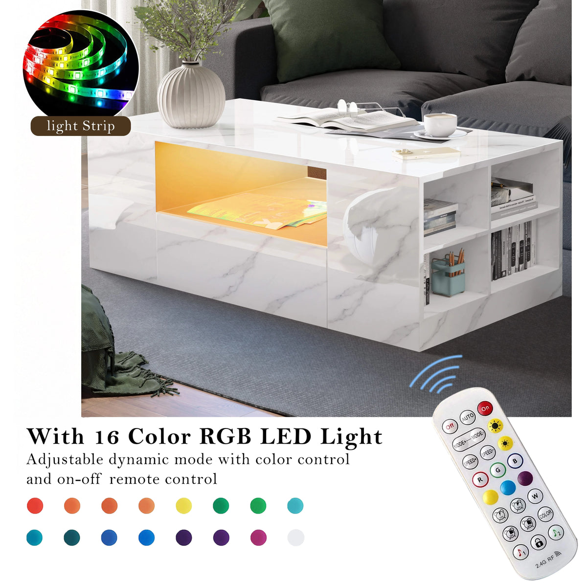 [White Marble] White Marble High Gloss Coffee Table with LED Lights with vase of green stems on top, blue LED on