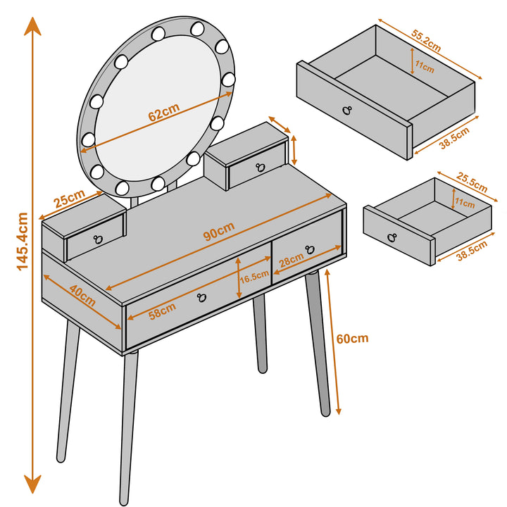 [Grey]  Dresser with mirror and drawers showing detailed dimensions, 45.4 cm height, 90 cm length, 40 cm width and mirror 62 cm wide