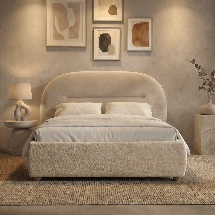 [Beige | Double] Evening bedroom scene with warm spotlighting on arch headboard bed frame and illuminated gallery wall above