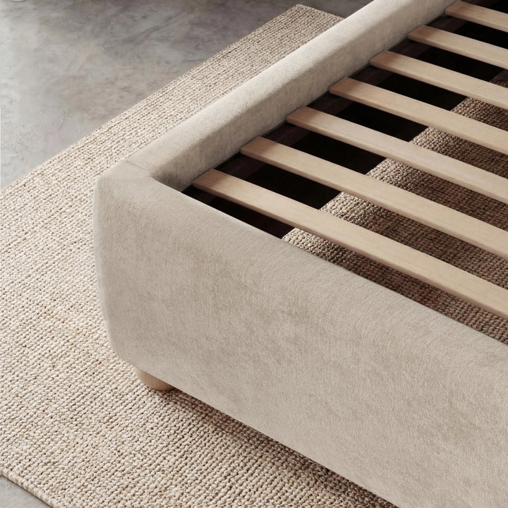 [Beige | Double] Close-up of mattress support showing parallel wooden slats fitted inside the padded frame base