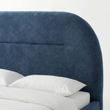 [Blue | King] Close-up of headboard side revealing deep padding and velvet nap with horizontal channel seam running across