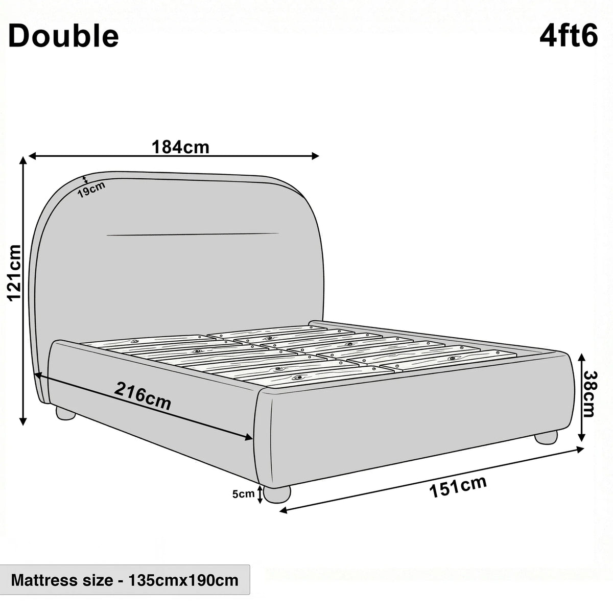 [Blue | Double] Technical size guide with front and side profile illustrating 4ft6 bed frame at 151cm wide by 216cm long