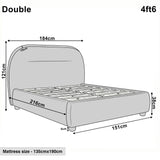 [Grey | Double] Technical size guide with front and side profile illustrating 4ft6 bed frame at 151cm wide by 216cm long