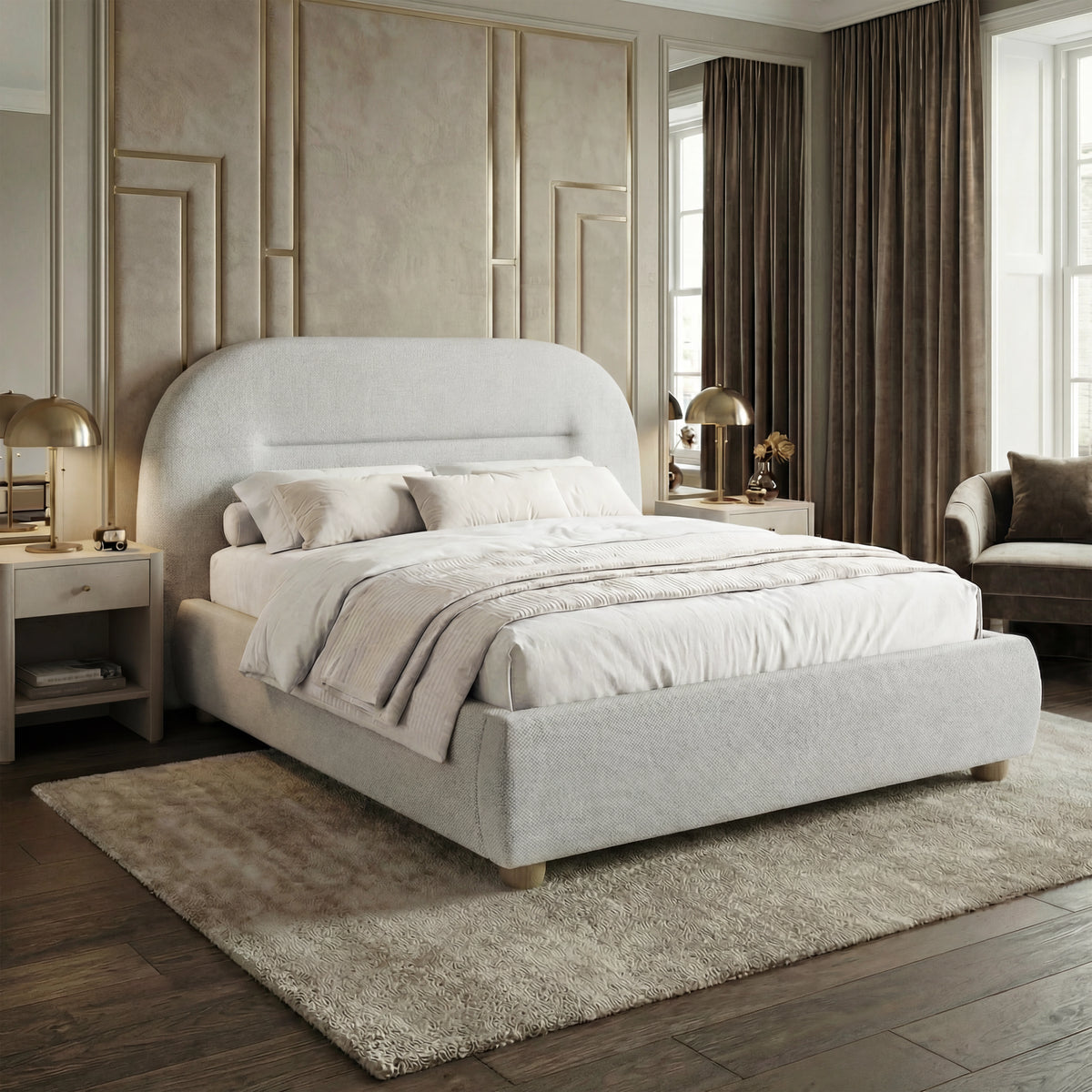 [Grey | King] Side angle revealing headboard curve and padded base in art deco room with brown curtains and hardwood flooring