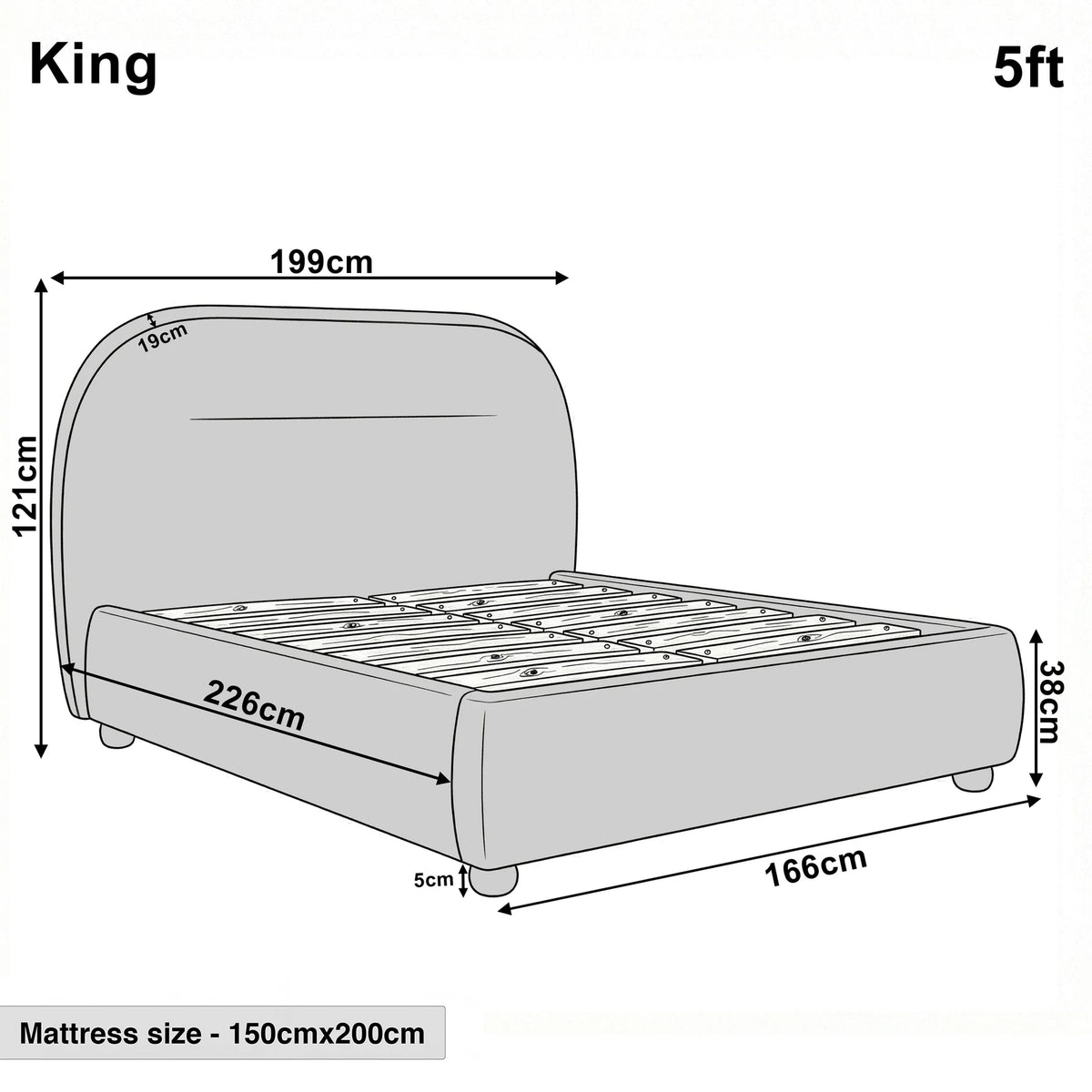 [Blue | King] Technical size guide with front and side profile illustrating 5ft bed frame at 166cm wide by 226cm long