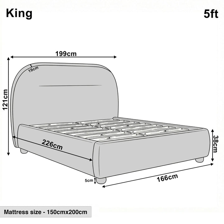 [Grey | King] Technical size guide with front and side profile illustrating 5ft bed frame at 166cm wide by 226cm long