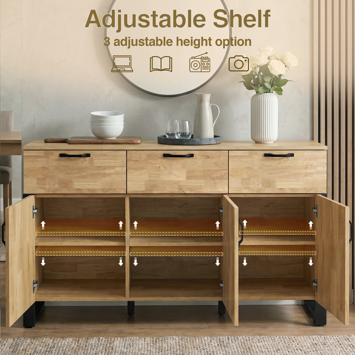 [Mango Wood Effect] Ironmere sideboard with doors open showing six inner shelves, three drawers, black handles, and decor.