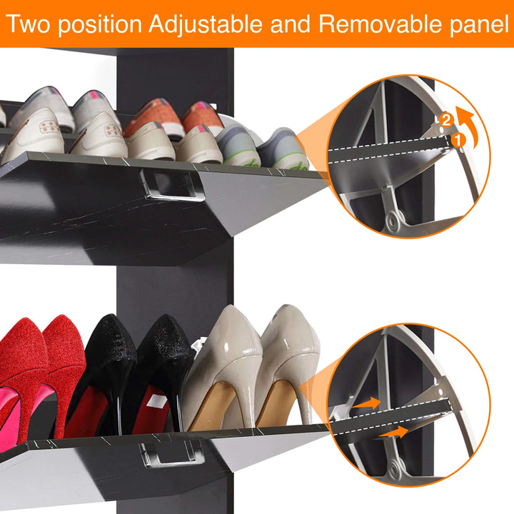 [Black Marble] Close-up view of pull-down drawers of shoe cabinet in black marble finish, with adjustable dividers to fit footwear