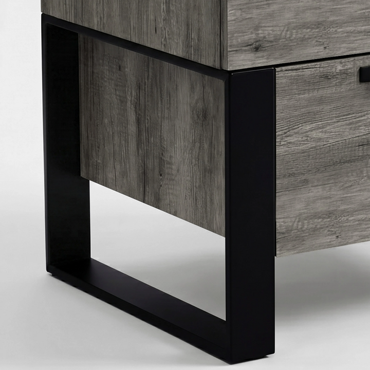 [Wooden Grey] Close-up of Millwright industrial 2-drawer bedside table 60mm black base legs giving the hanging effect