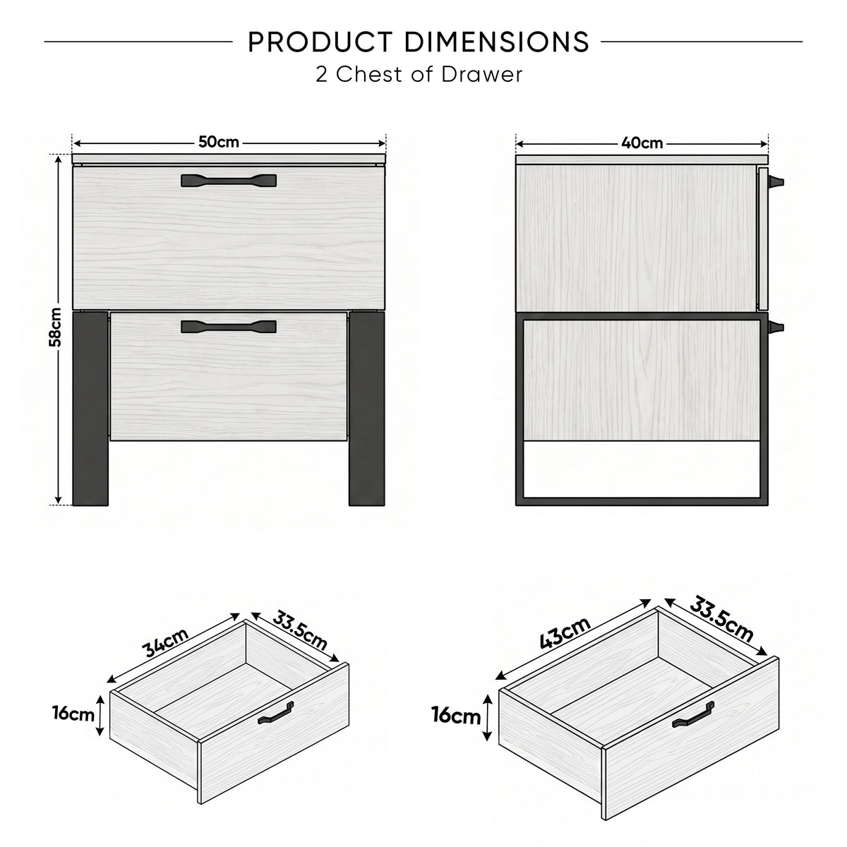 [Wooden Grey] Size guide of Millwright bedside table 50W x 40D x 58H cm; drawers 34W x 33.5D x 16H and 43W x 33.5D x 16H cm