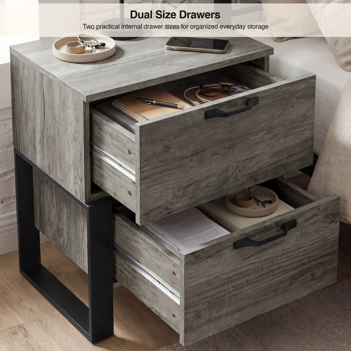 [Wooden Grey] High angle view of both drawers open of Millwight bedside table with text that reads "Dual Size Drawers"