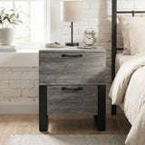 [Wooden Grey] Millwright industrial 2-drawer bedside table beside a metal bed in a bedroom showing unique hanging effect